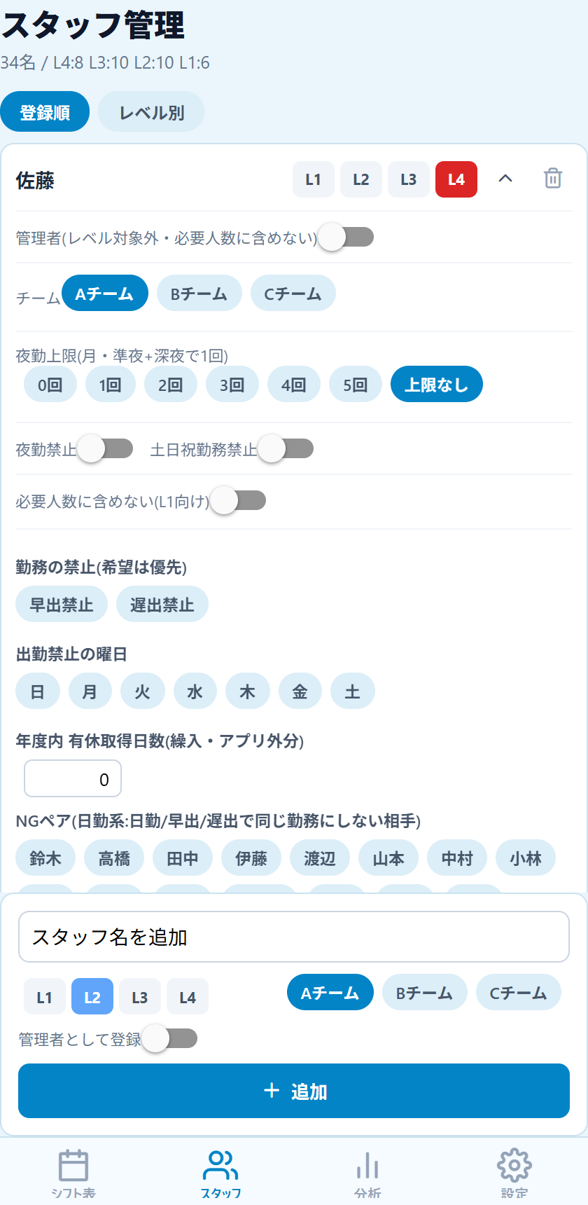詳細設定を開いた職員カード